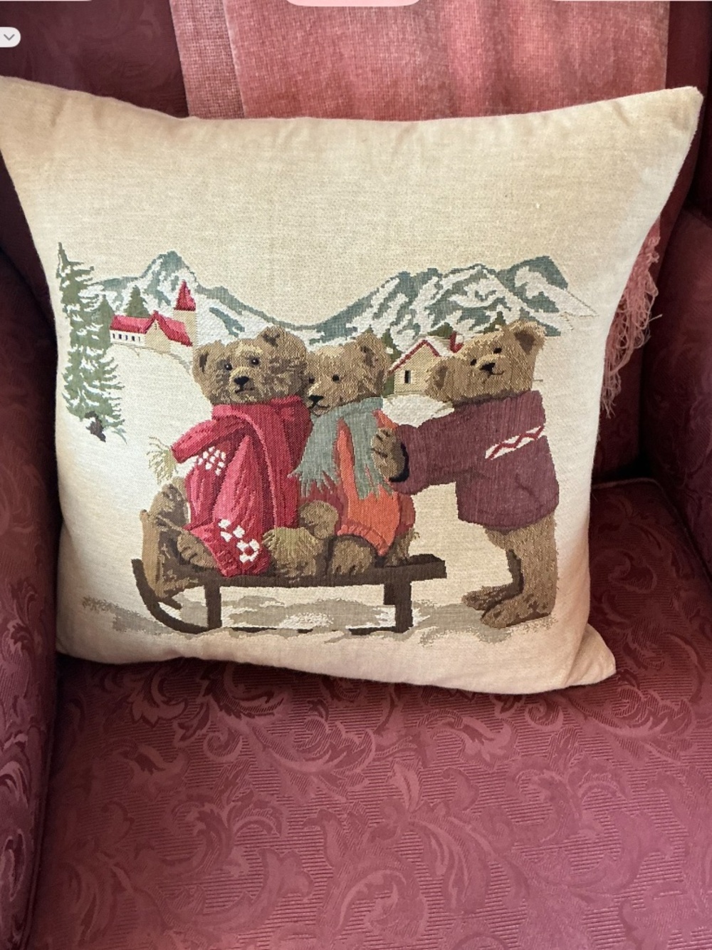 Pegasus Home Fashions Teddy Bear Christmas A Day Sledding Toss Pillow NWOT